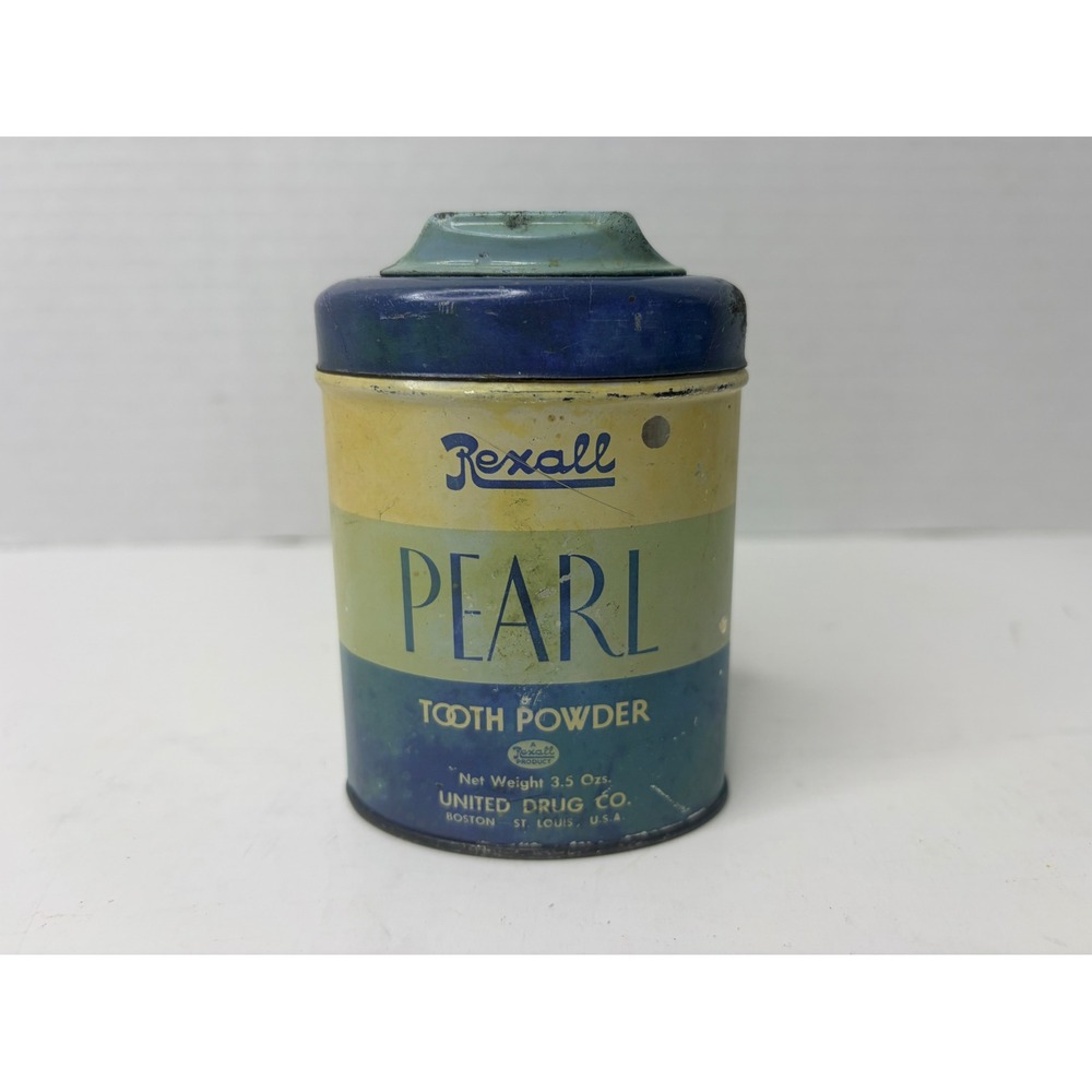 Vtg Rexall Pearl Tooth Powder Tin United Drug Co Blue Yellow Green 3.5 Oz Full